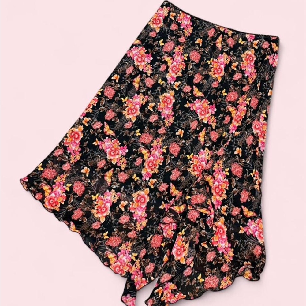 Bisou Bisou Floral Black Ruffle Skirt with Pink